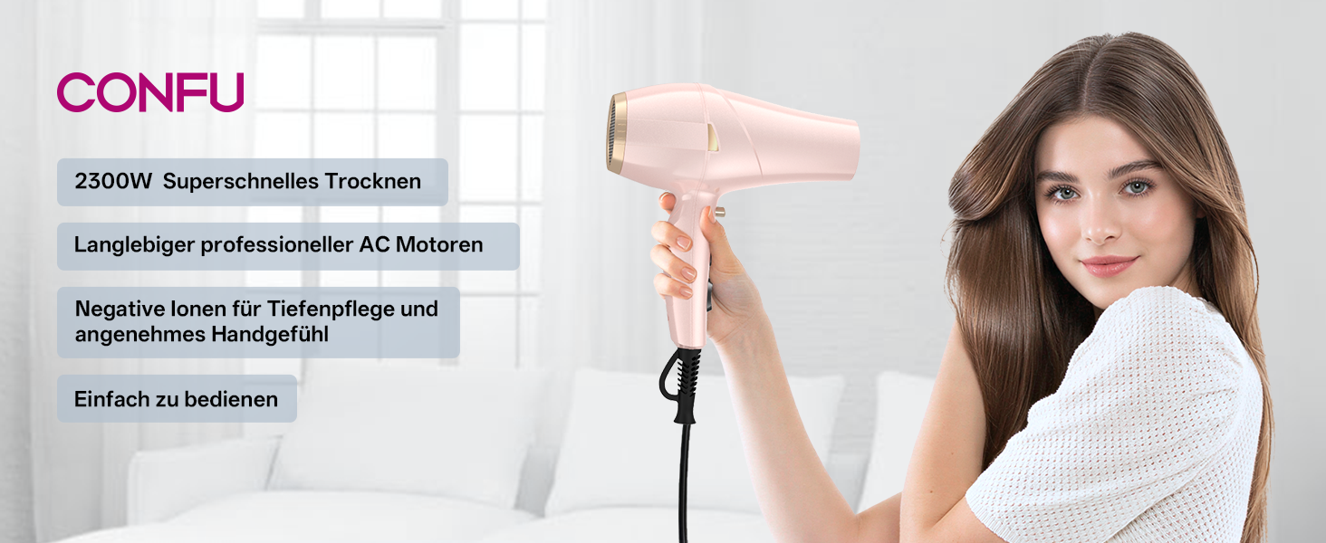 Професійний фен для волосся CONFU 2300W з іонною технологією, дифузором та вузьким соплом, AC-мотор, 3 температурних режими, рожевий