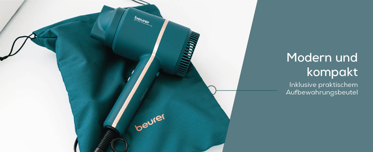 Фен для волосся Beurer HC 35 з іонізацією, 1600-2000 Вт, з насадкою для стайлінгу та сумкою для зберігання, Ocean Blue