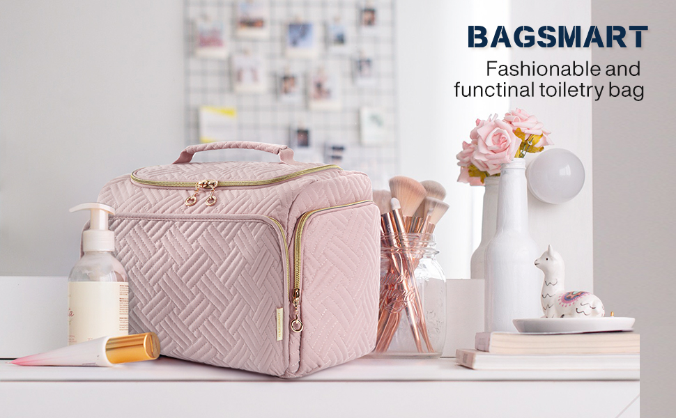 Дорожня косметичка BAGSMART для жінок, велика сумка-органайзер для косметики та аксесуарів з ручкою, рожева (M)
