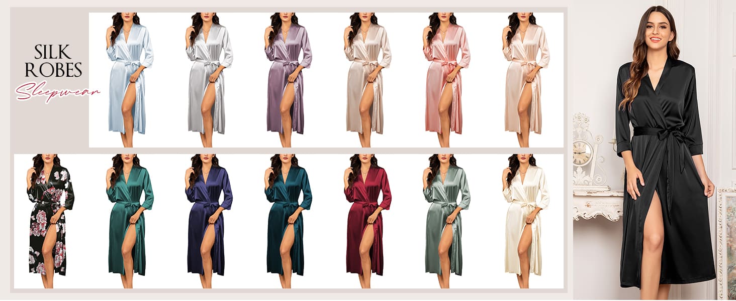 Халат жіночий атласний Ecouaer, легкий, довгий, з кишенями, S-XXL, колір шампань