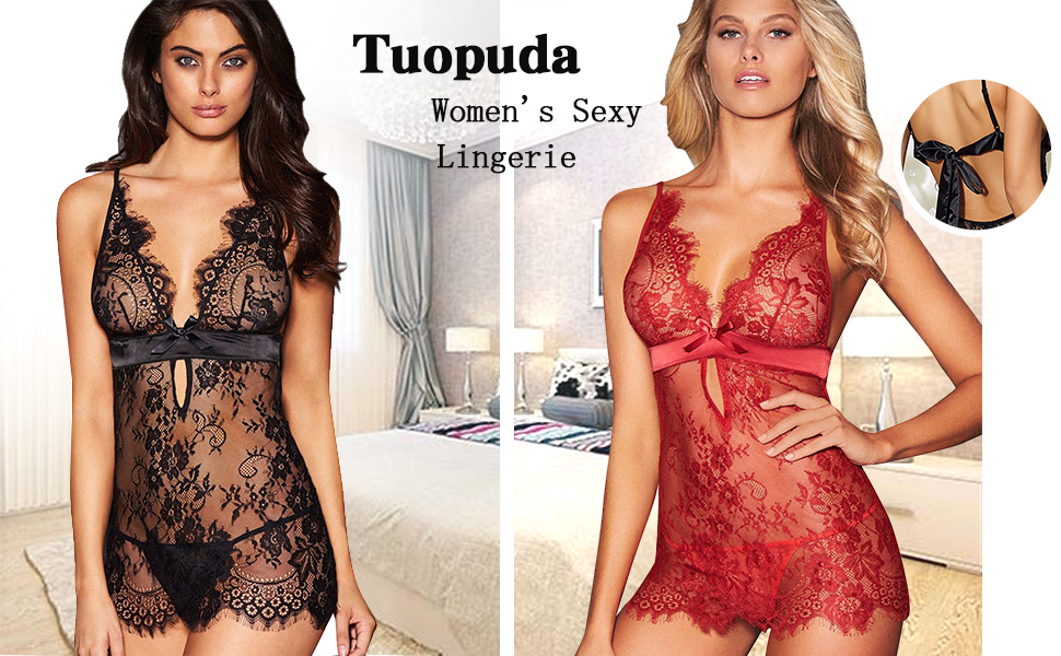 Чорний комплект ніжної піжами Babydoll з мереживом Tuopuda (L-XL)