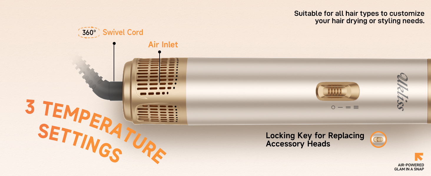 Мультистайлер для волосся 5 в 1 UKLISS Airstyler Pro 1000W: фен, брашинг, гофре, випрямляч та завивачі для сушіння та укладки, Сріблясто-золотий