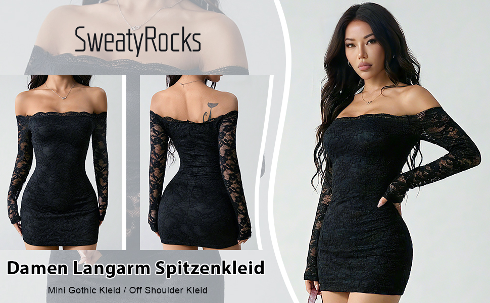 Сукня SweatyRocks з мереживом, чорна: елегантна міні з довгим рукавом, готичний стиль, сексуальний дизайн, без бретелек, для вечірок та фестивалів