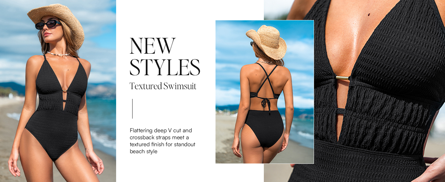 Чоловічий купальник CUPSHE з глибоким V-подібним вирізом, на зав'язках, з текстурою, одноцільний, чорний