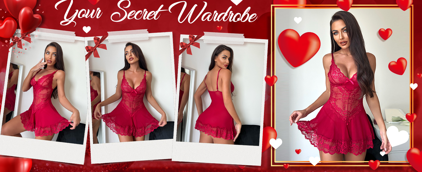 Babydoll RSLOVE для жінок: мереживна піжама, сексуальна нічна сорочка, чорний/червоний колір