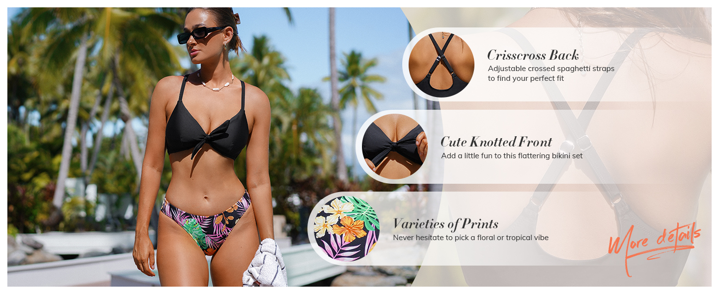 CUPSHE Bikini Set Daen: двочастинний купальник з V-подібним вирізом, зав'язками спереду, низькою талією та перехресними бретелями. Темно-зелений візерунок, розмір XL, колір Hot Pink