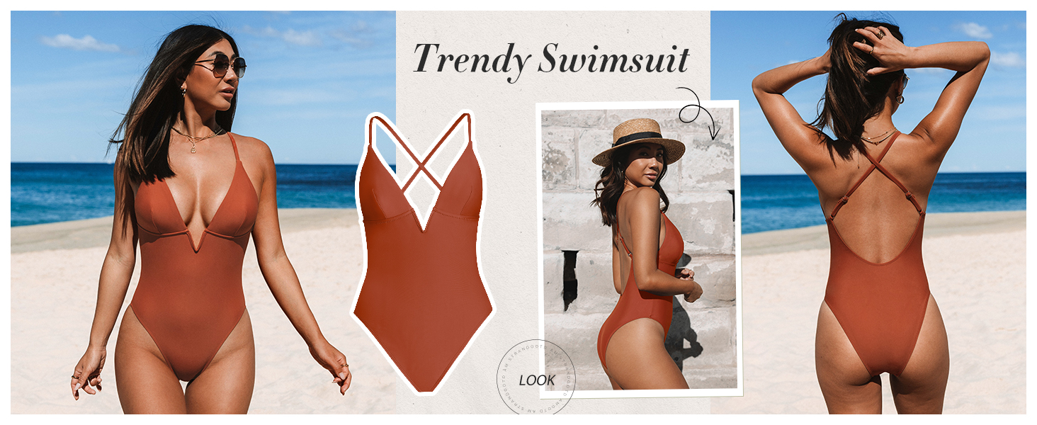 Купальник CUPSHE з V-подібним вирізом, глибоким вирізом на спині, фігурно виткий, одноцільний, колір: коричневий, принт: геометрія