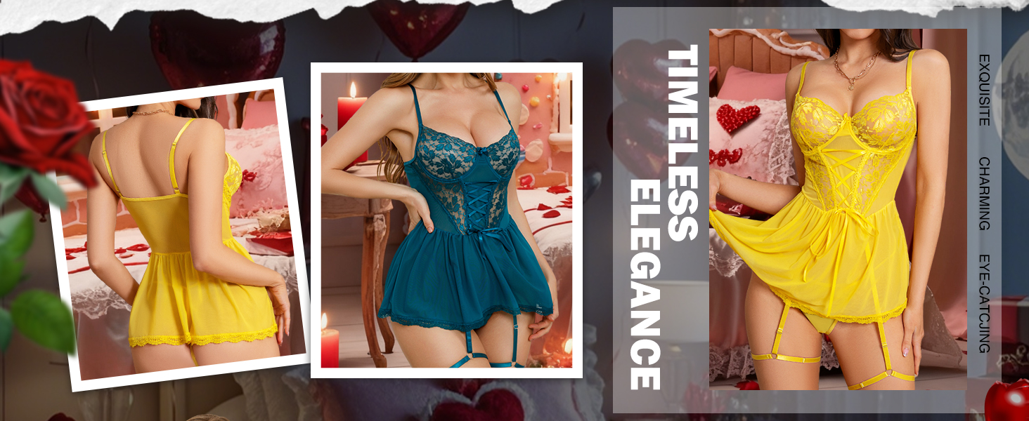 Сексуальний комплект спідньої білизни для жінок: мереживний набір, рейнжержа, нічна сорочка, babydoll з панчішними ремінцями та трусиками, чорний колір