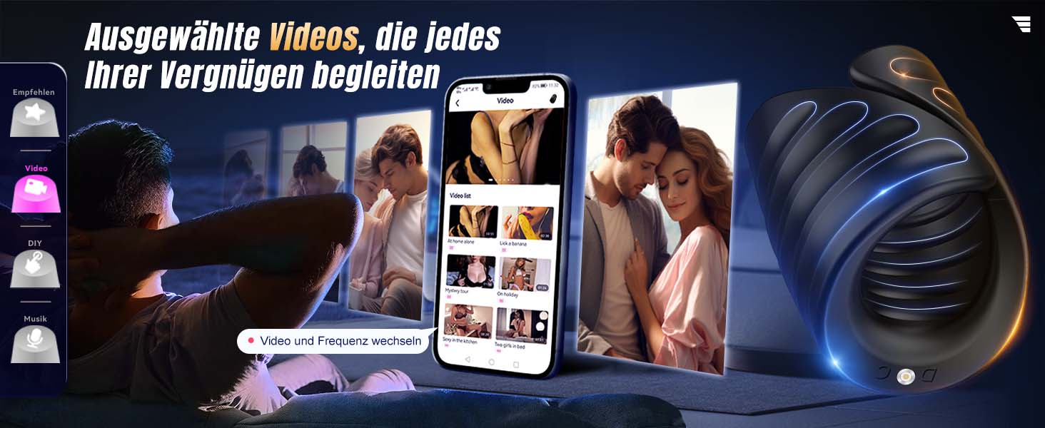 Інтимний масажер для пар з 9 вібраціями та функцією постукування, керування через додаток, подвійні кільця, презервативна накладка, чорний