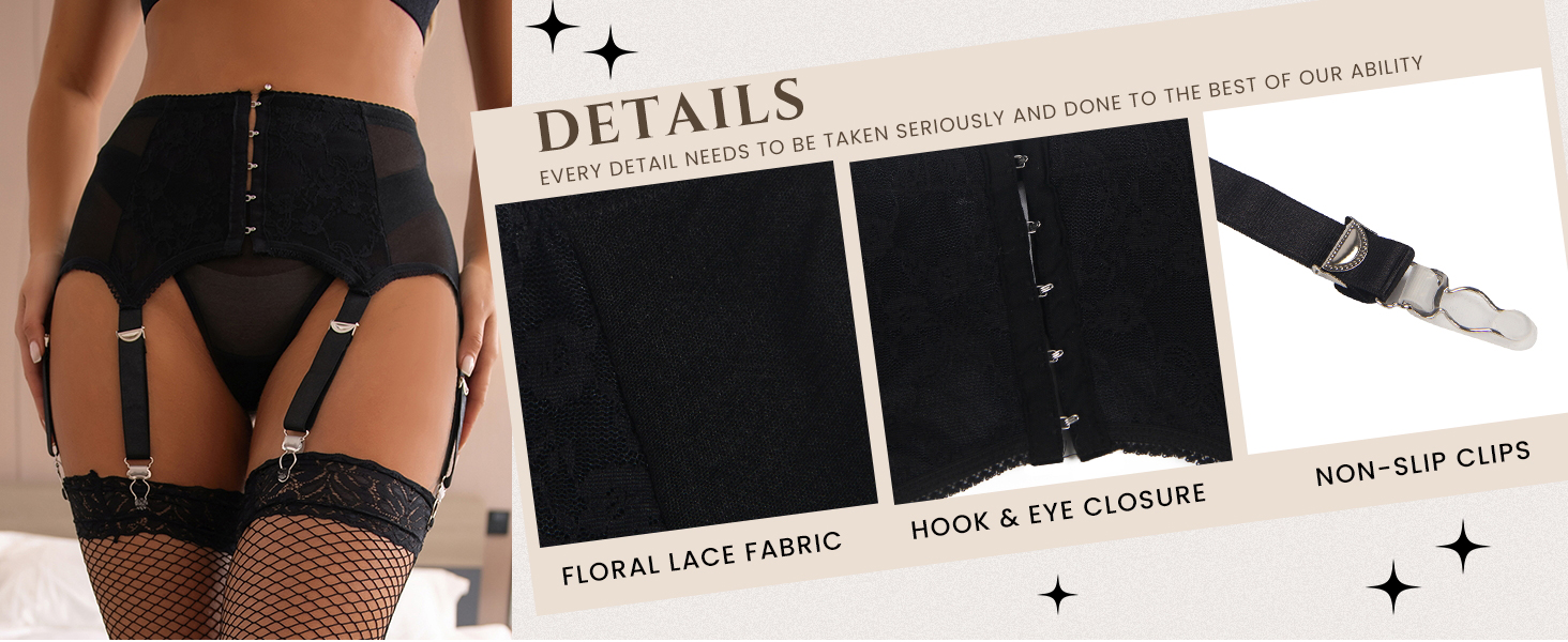 Чорні панчіхотримачі для жінок з металевим кліпом та мереживом, великі розміри M-L