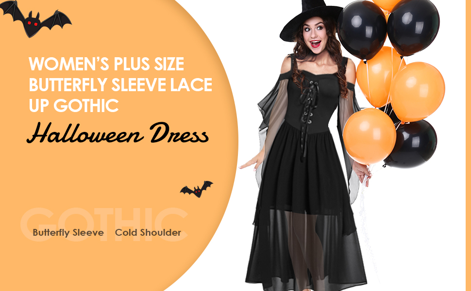 CHARMMA Готичне вечірнє плаття на Геловін, сукня A-силуету з шнуруванням, максі, чорна, для жінок, розмір плюс, з рукавами-метеликами, вінтажний костюм відьми, косплей, клуб, вечірка, 3XL