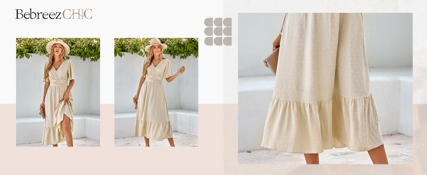 Сукня літня жіноча BebreezChic Boho елегантна довга з V-вирізом, висока талія, швейцарська сітка, з квітковим принтом, пляжна максі-сукня XL карамельного кольору