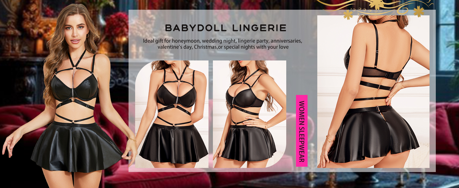 Елегантний костюм Evelife з чорного штучної шкіри: міні-сукня та бюстгальтер push-up з металевим ланцюжком. Ідеально для вечірок, клубів та тематичних заходів. Розмір M.