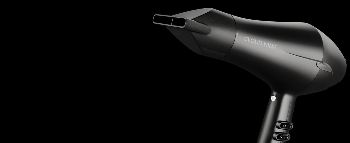 Фен для волосся Cloud Nine Airshot 2000W, професійний антистатик та антифриз ефект, 3 режими температури, з 2 насадками-дифузорами, чорний