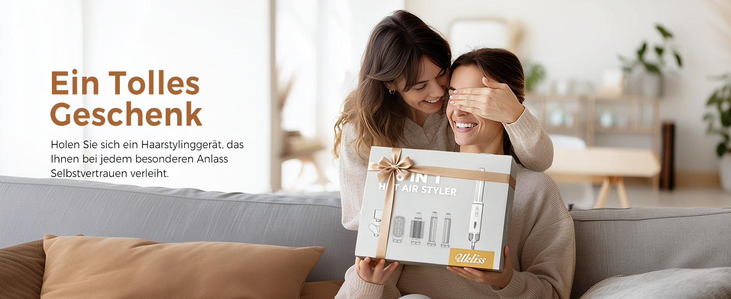 Мультистайлер для волосся 6 в 1 UKLISS Air Styler Set з дифузором, LCD-дисплеєм та насадами для завивки, сушіння та вирівнювання, 1000 Вт, Gold Blue