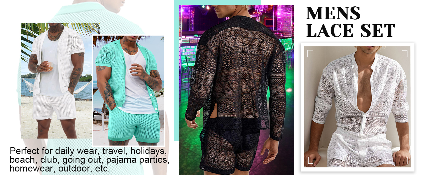 Panegy чоловічий комплект: мереживкова сорочка-туніка та шорти, сітка, чорний