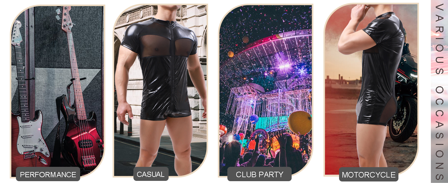 Чоловічий боді QiaTi з короткими шортами, блискавкою та штучною шкірою, з двома кишенями, чорний (M)