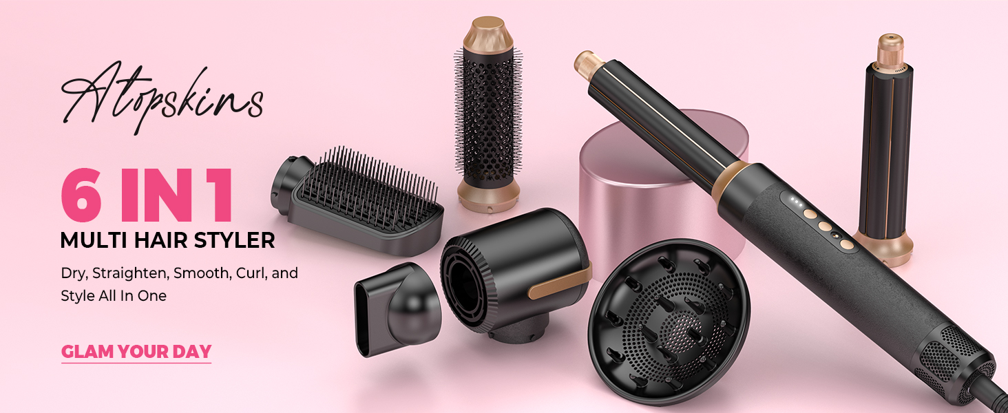 Мультифункціональний стайлер для волосся 7 в 1 Atopskins Airstyler Pro: фен з дифузором, круглі щітки, випрямляч та плойка для локонів Beach Waves, чорно-золотий