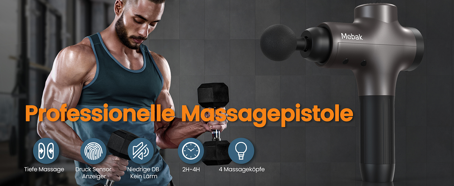 Перкусійний масажер Mebak 3 Massage Gun: електричний ручний масажер для м'язів та фасцій, 3200 об/хв, амплітуда 12 мм, 7 насадок, 5 рівнів інтенсивності, акумулятор 2600 мАг, чорний