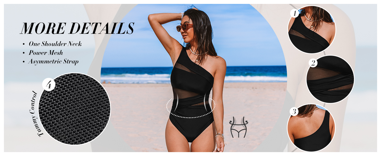 Купальник CUPSHE одноплечий з прозорою сіткою, драпірування, контроль живота, асиметричний, чорний