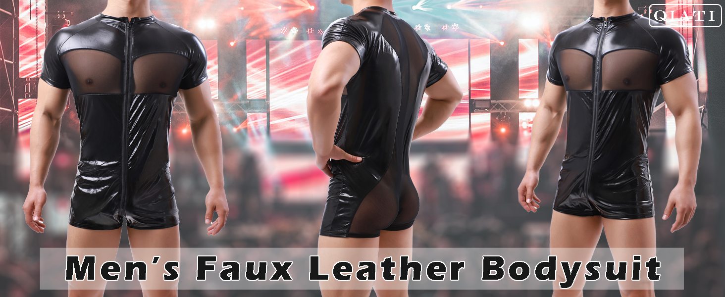 Чоловічий боді QiaTi з короткими шортами, блискавкою та штучною шкірою, з двома кишенями, чорний (M)