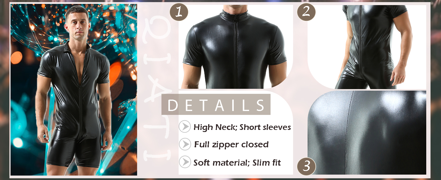 Чоловічі шорти QiaTi без рукавів з блискавкою, легінси з екошкіри, боді з двома кишенями для повсякденного та клубного стилю (XL, чорний)