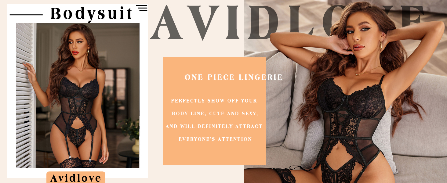 Avidlove Комплект нижньої білизни для жінок: мереживний боді, корсет, babydoll, чорний. Сексуальна спідня білизна, тіло, бюстгальтер та труси.
