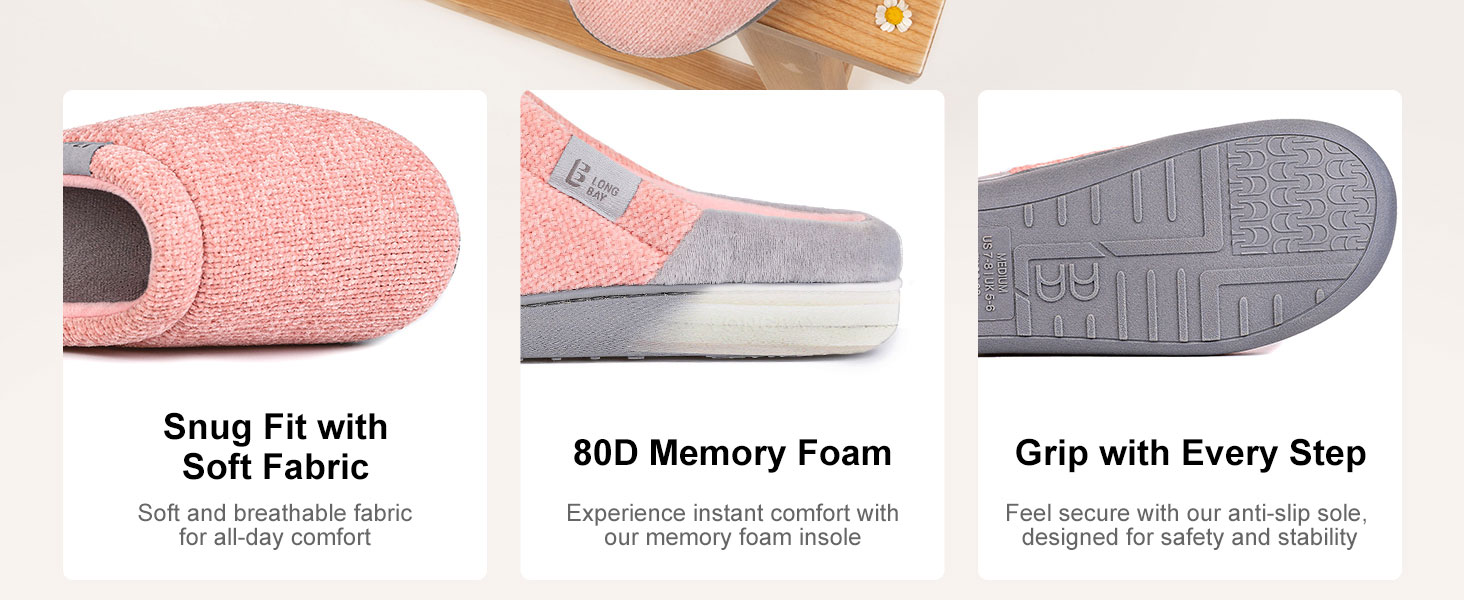 Жіночі домашні капці LongBay з ефектом пам'яті (Memory Foam), протиковзкі зручні пантофлі слипони, рожеві, розмір 38/39 EU
