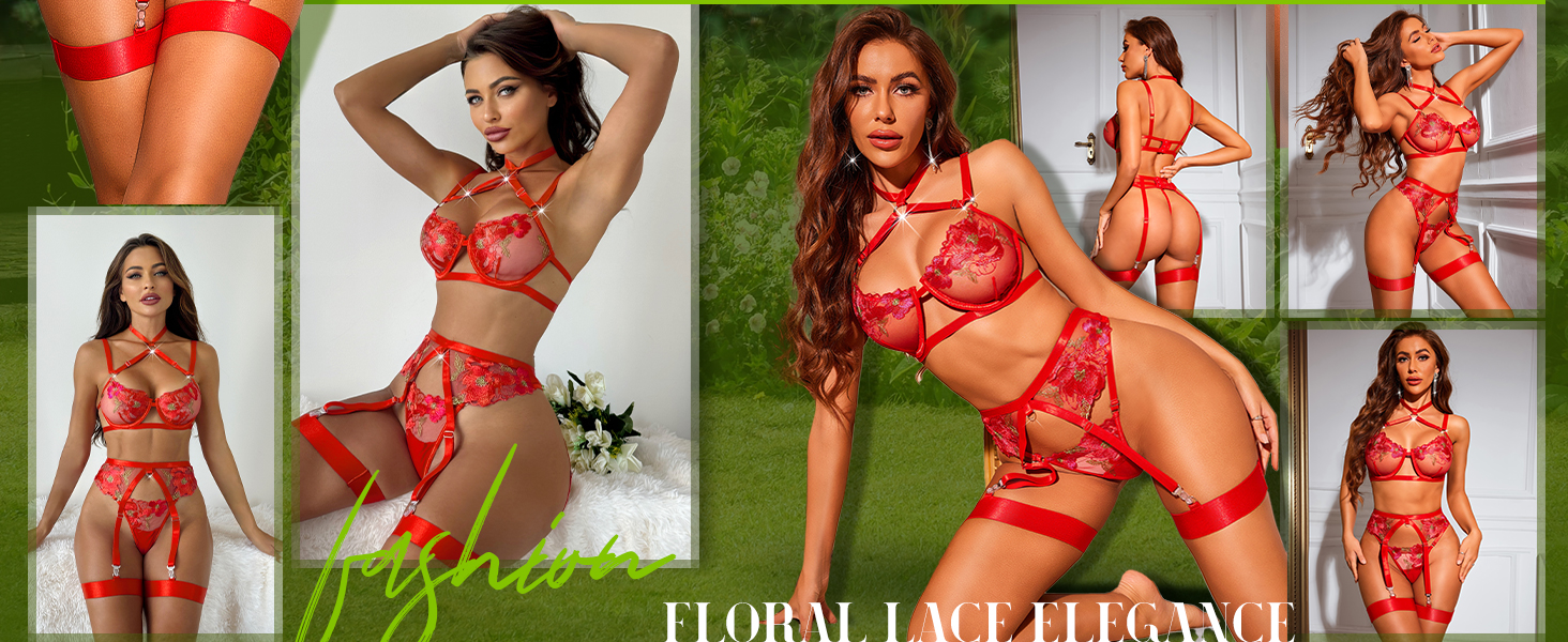 RSLOVE Комплекти нижньої білизни для жінок - Сексуальна спідня білизна з бретелями, мереживна піжама, комплект бюстгальтера та трусиків з стрічкою, XL, блакитний