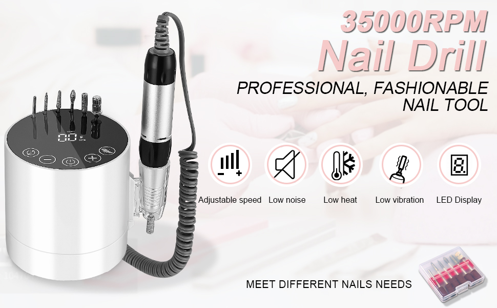 Електричний апарат для манікюру та педикюру Nagelfräser 35000 об/хв з LCD-дисплеєм, сенсорним керуванням та педаллю, білий, 6 насадок