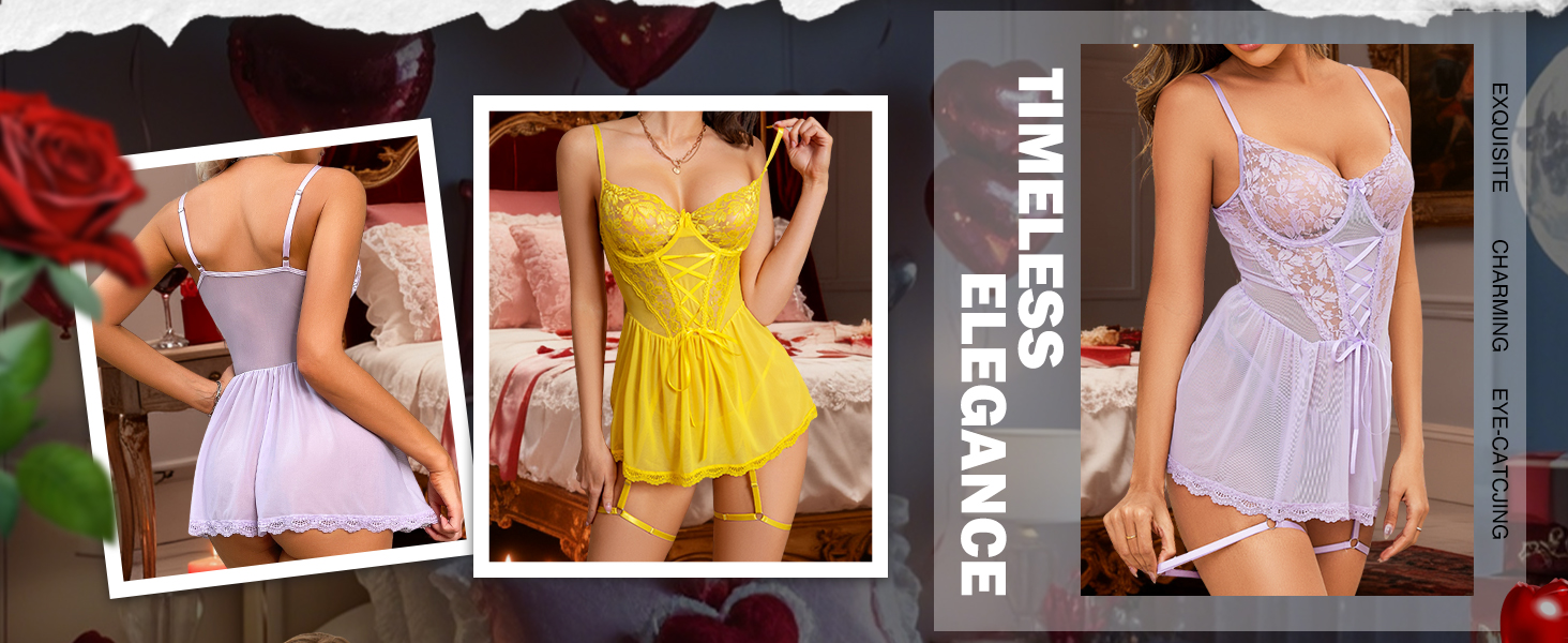 Сексуальний комплект спідньої білизни для жінок: мереживний набір, рейнжержа, нічна сорочка, babydoll з панчішними ремінцями та трусиками, чорний колір