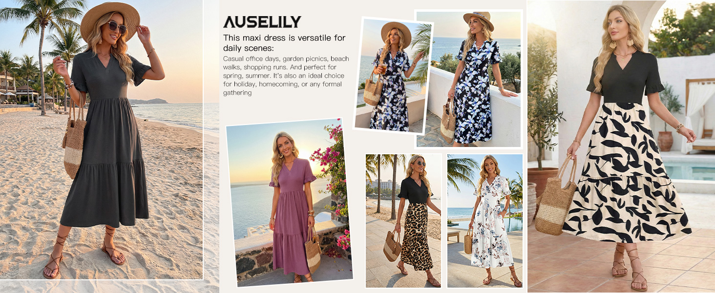 Літня сукня макси для жінок AUSELILY з V-подібним вирізом, леопардовий принт, легка пляжна сукня з коротким рукавом та кишенями, розмір XXL