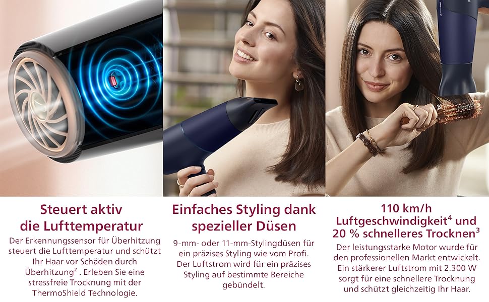 Фен для волосся Philips 5000 Series BHD510/20 з іонізацією та ThermoShield, 2300 Вт, металік-блакитний, з дифузором та насадками для стайлінгу