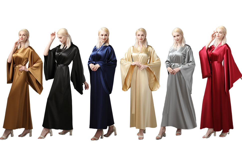 Жіночий халат кімоно з довгим рукавом з шовку, атласний халат для вечірки, весілля, нічної сорочки, домашнього одягу, великі розміри, чорний, L