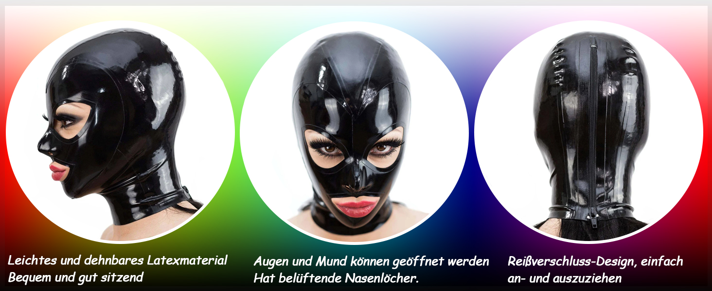 Латексна маска для БДСМ, Фетіш, Косплей з блискавкою на спині - чорна