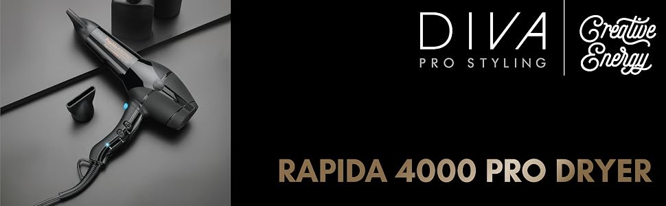 Професійний фен для волосся Diva Styling Rapida 4000 Pro, AC-мотор, 4 режими температури, 2 швидкості обдуву, функція Cool-Shot, чорний онікс