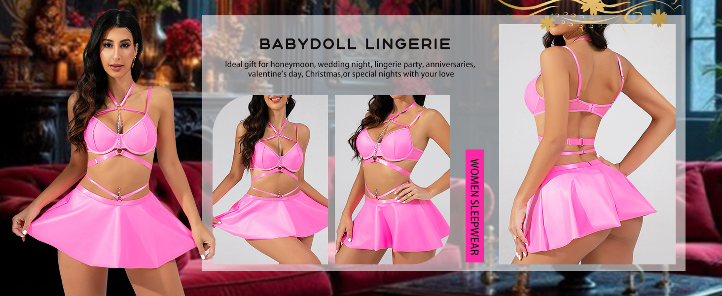 Елегантний костюм Evelife з чорного штучної шкіри: міні-сукня та бюстгальтер push-up з металевим ланцюжком. Ідеально для вечірок, клубів та тематичних заходів. Розмір M.