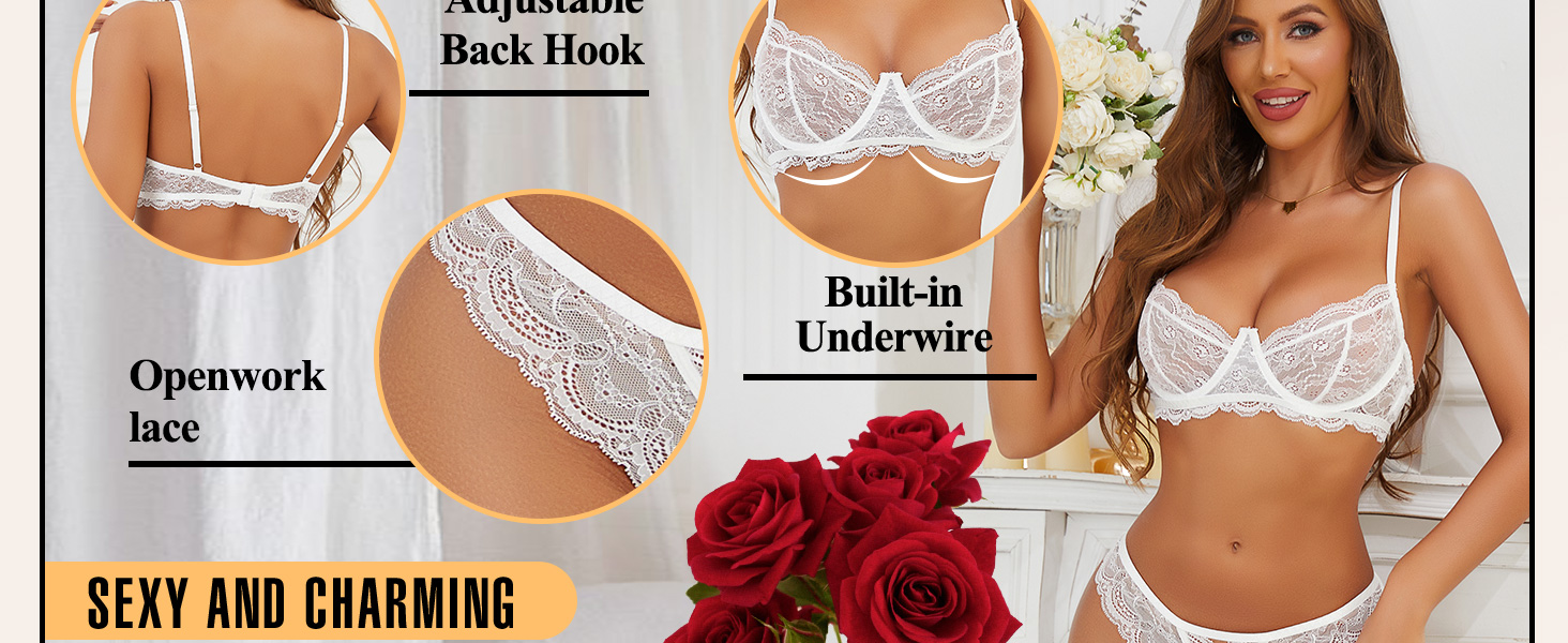 RSLOVE Комплект спідньої білизни для жінок: мереживний, прозорий, сексуальний комплект, бюстгальтер та труси (2 частини), чорний, XXL