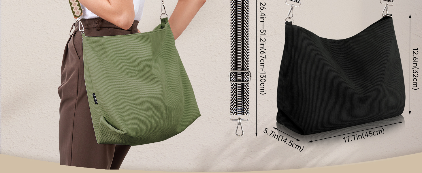 Жіноча сумка-шопер Prite великого розміру з вельвету, сумка Tote Bag з регульованим плечовим ременем для навчання, роботи, подорожей та покупок (Зелена)
