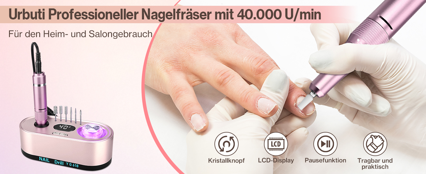 Професійний електричний апарат для манікюру та педикюру 40000 об/хв, портативний нагльфрезер з LCD-дисплеєм, підсвіткою та сенсорним керуванням, рожевий