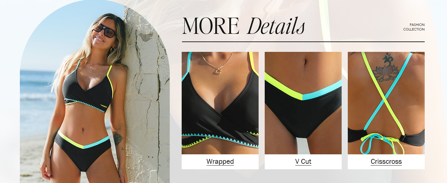 CUPSHE Бікіні жіночий комплект: V-подібний виріз, двочастинний, кольоровий блок, вирізи, перехресне обплетення спини, самов'язування, купальник, плавки, чорний