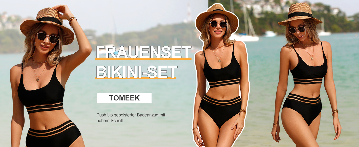 Спортивний двочастинний купальник-бікіні з сіткою для жінок. Push-up, висока талія, чорний.