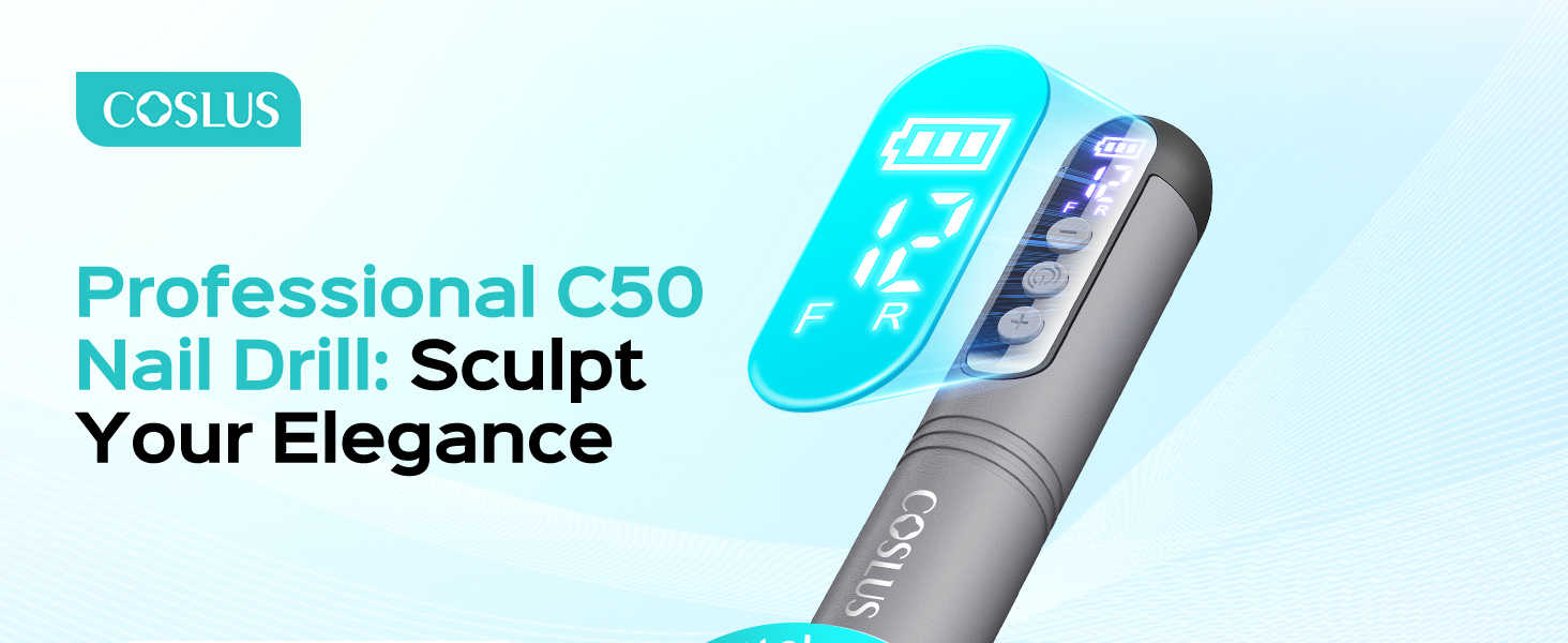 Акумуляторний електричний апарат для манікюру та педикюру COSLUS C50, 12 швидкостей, LED-дисплей, для нарощених нігтів, гель-лаку та акрилу, темно-сірий