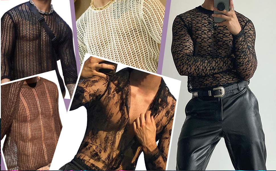 Чоловіча прозора сорочка AIEOE: мереживна сорочка з довгим рукавом для клубу, колір: коричневий