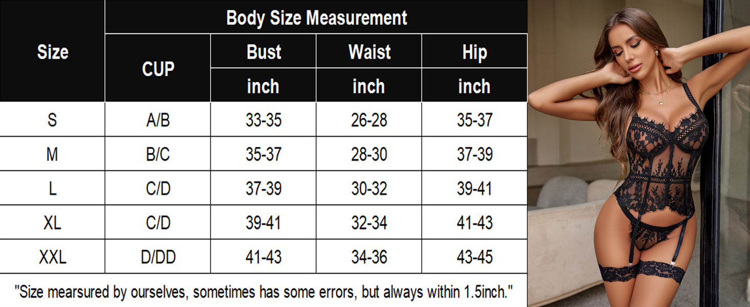 Avidlove Комплект нижньої білизни для жінок: мереживний боді, бюстгальтер з кісточками, трусики та стрінги, чорний