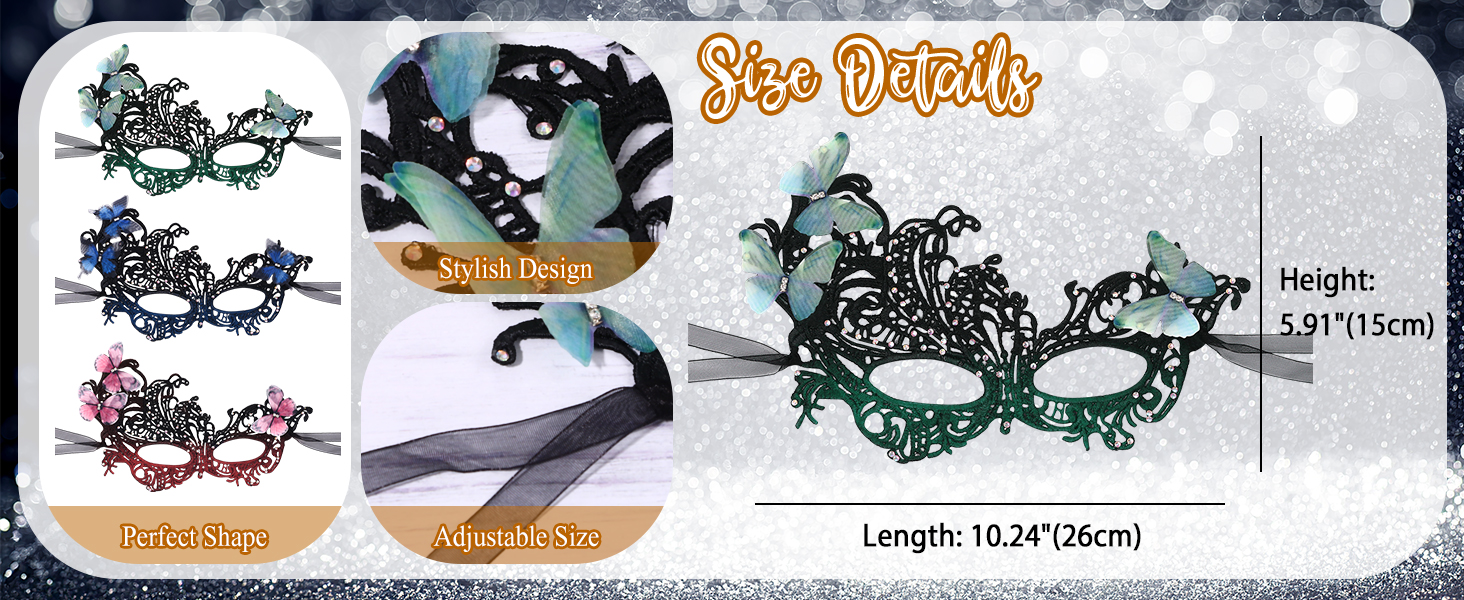 Набір з 3 шт. Венеціанська маска з мереживом та метеликами, оздоблена стразами. Ідеально для карнавалу, Хелловіну, вечірки, маскараду. Стиль 1920-х, вінтаж, для жінок.