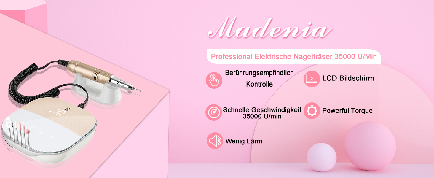 Професійний електричний апарат для манікюру та педикюру Madenia TouchPro, 35000 об/хв, для нарощених нігтів та гель-лаку, з HD-дисплеєм та набором з 6 фрез (Зелений)