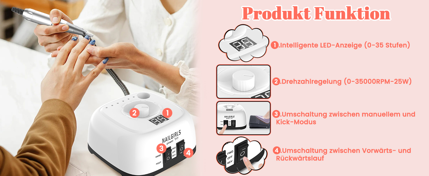 Електричний апарат для манікюру та педикюру NAILGIRLS 11 в 1, 35000 об/хв, з LCD-дисплеєм та педаллю, професійний набір для нарощених нігтів та гель-лаку (Білий)
