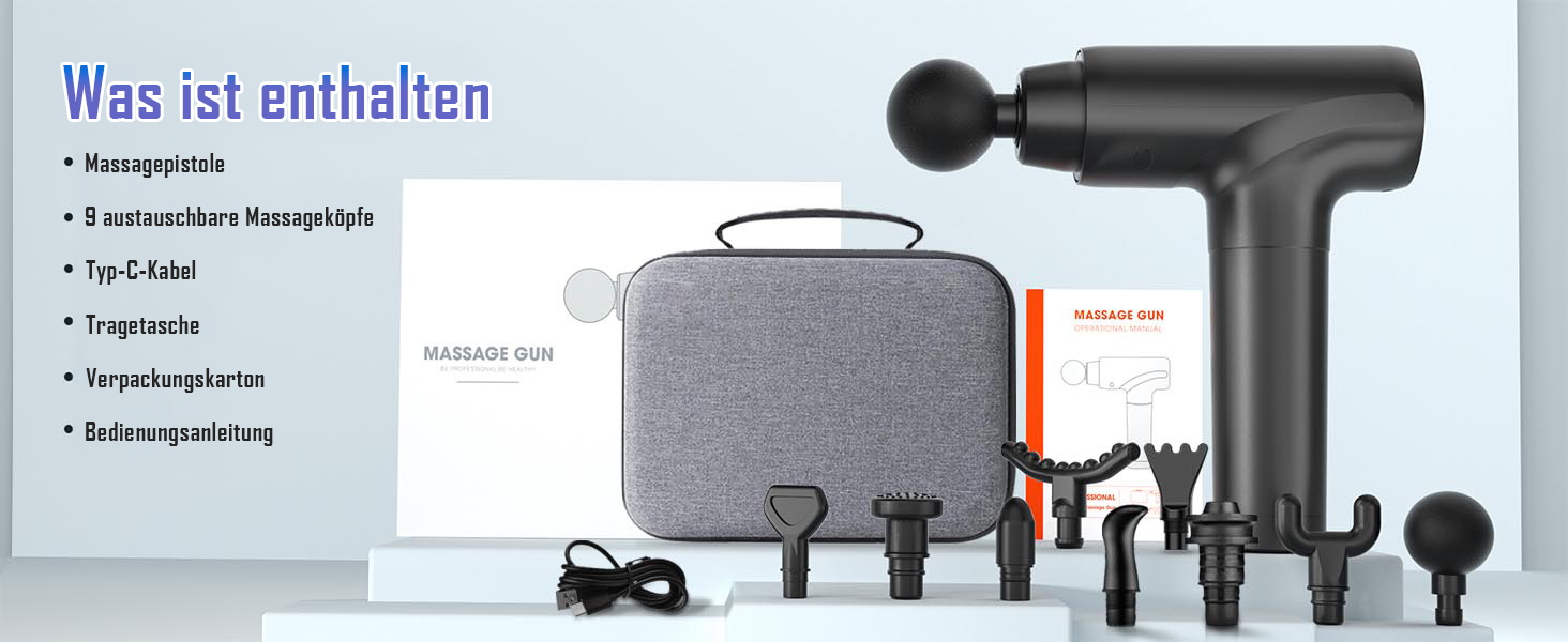 Перкусійний масажер Massage Gun з LED-дисплеєм, електричний масажний пістолет для м'язів (20 швидкостей, 9 насадок), сірий