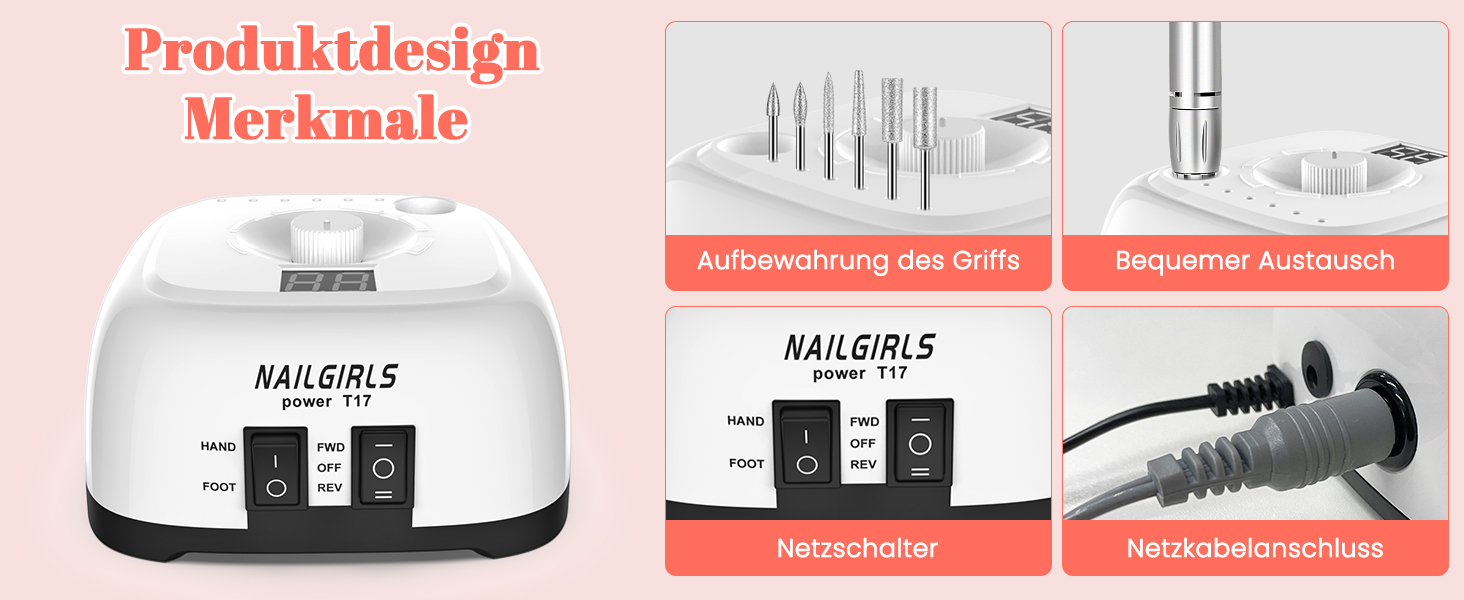 Електричний апарат для манікюру та педикюру NAILGIRLS 11 в 1, 35000 об/хв, з LCD-дисплеєм та педаллю, професійний набір для нарощених нігтів та гель-лаку (Білий)